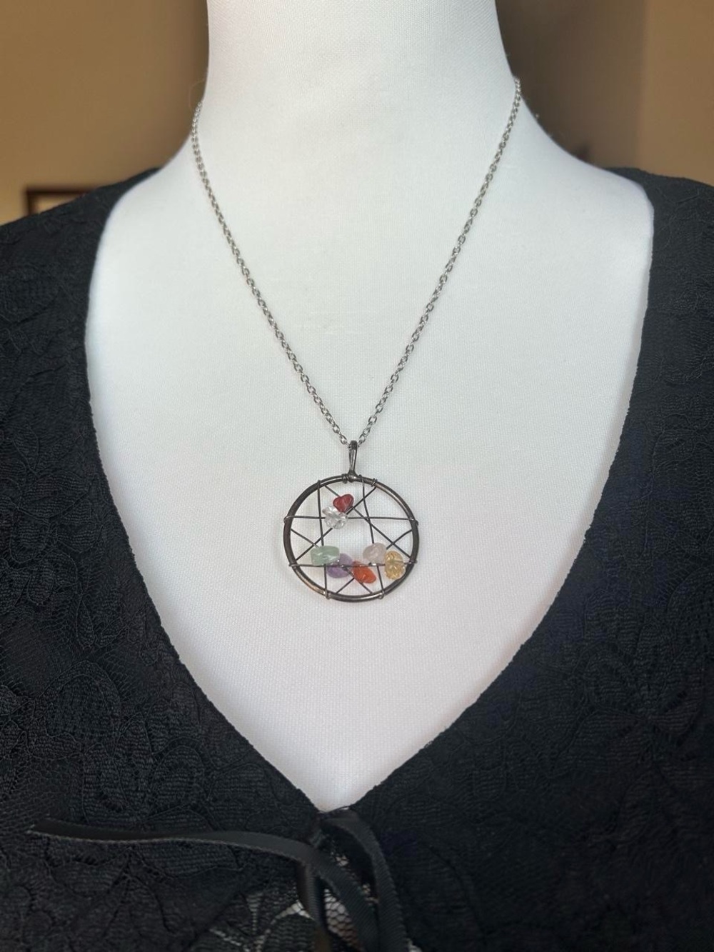 Hippy pendant dreamcatcher necklace with crystals